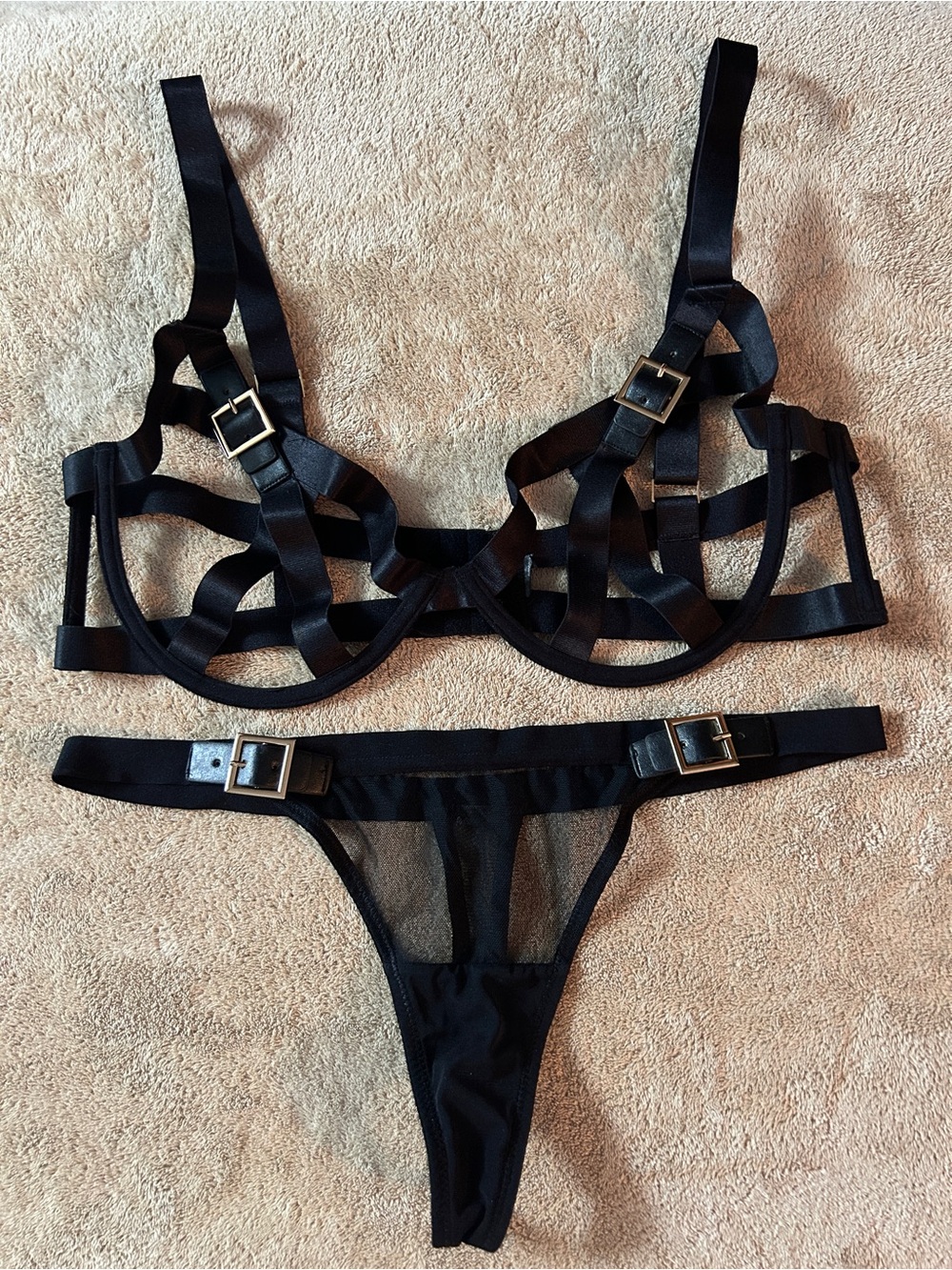 Bluebella Black Strappy Cage Bra, Thong and Garter Set
